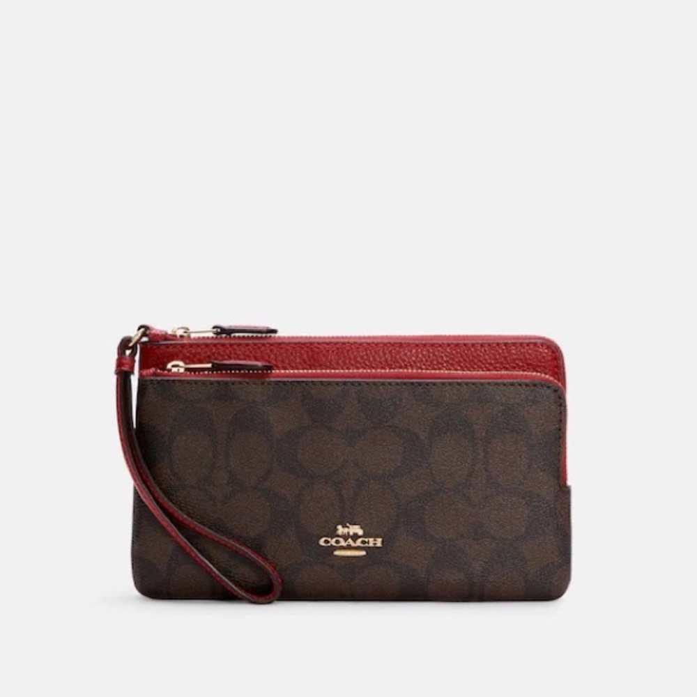 🍒*•. Coach Wallet Double Corner Zip Wristlet In Signature Canvas.•*🍒